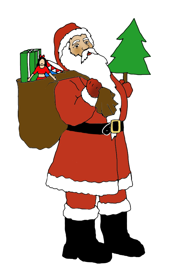 Santa clip art with sack and Christmas tree