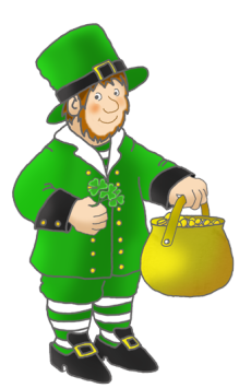 cute leprechaun with shamrock pot of gold