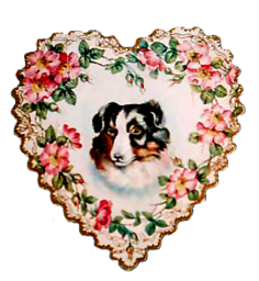 Old Valentine heart with dog and flowers