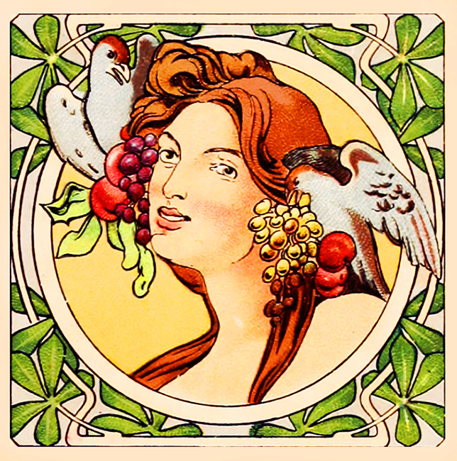 art nouveau drawing womans face ormanted