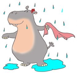 cartoon drawing of hippo in summer rain