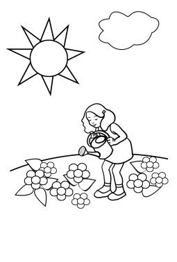 girl watering flowers and sun