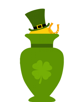 green vase with clover and leprechaun hat