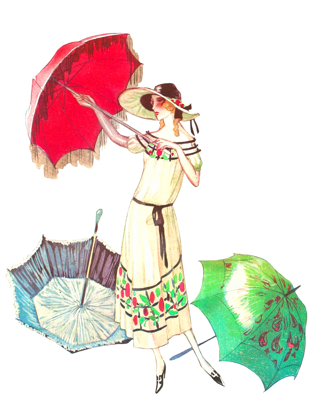 vintage drawing woman with parasol and umbrella