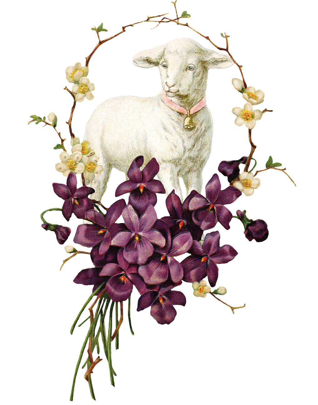 vintage Easter clipart sheep violets