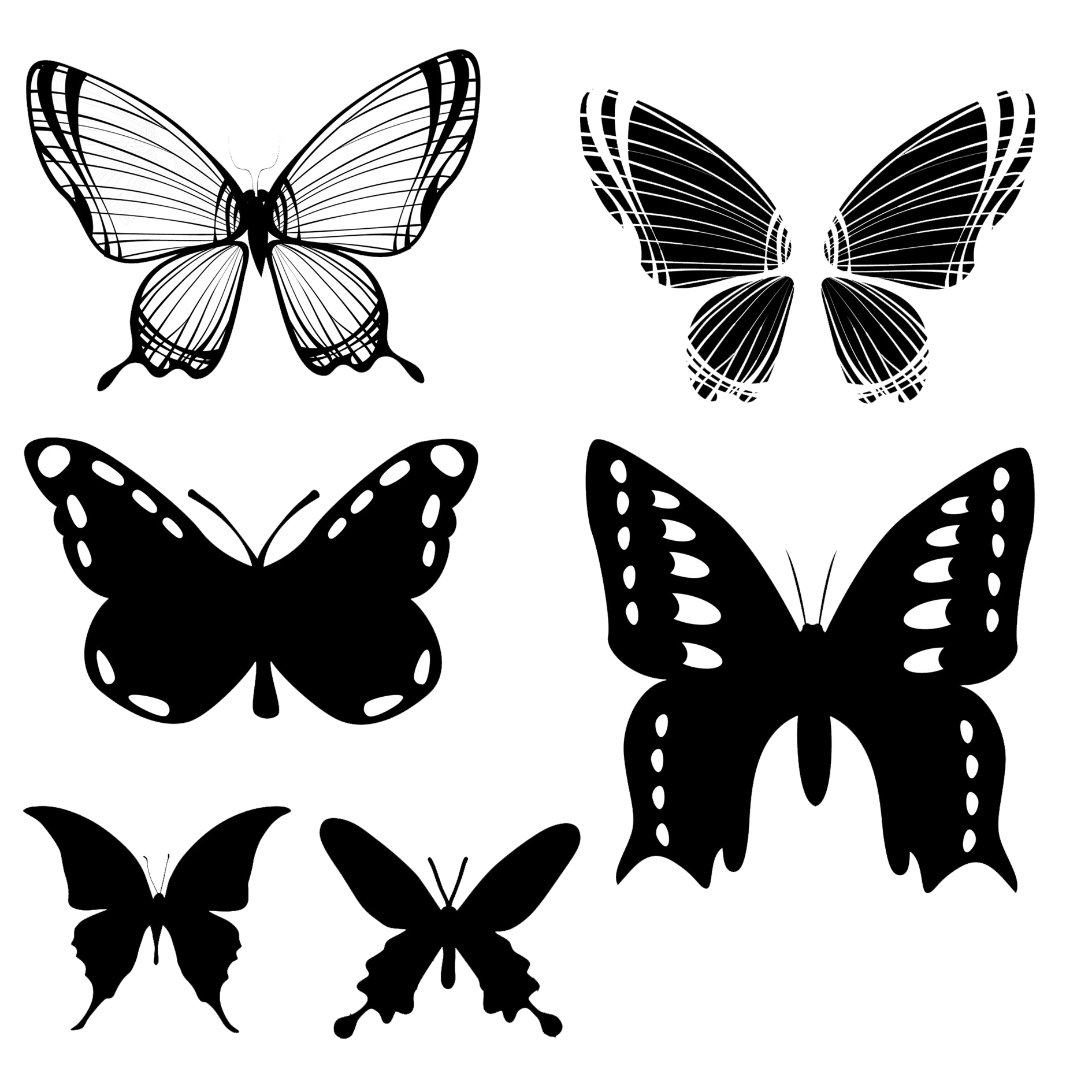 silhouettes of six butterflies transparent background