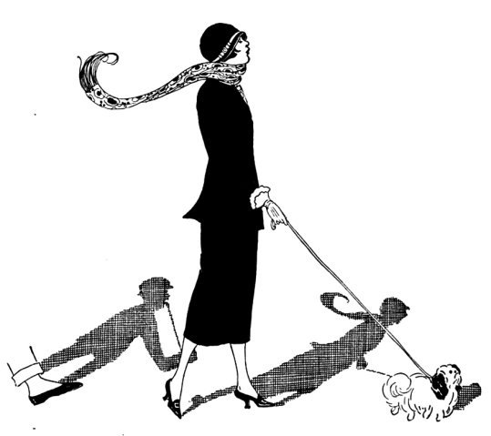Art Nouveau woman walking her dog