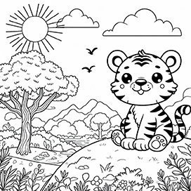 baby tiger coloring page in landscape