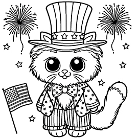 cat 4th of Jully coloring page AI