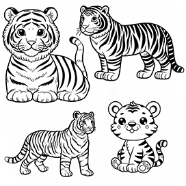 coloring page of different tigers