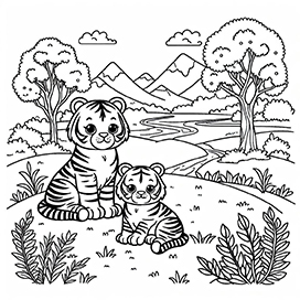 two tigers in landscape coloring page