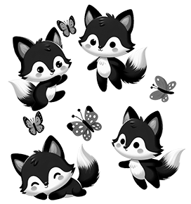 four black white grey fox drawings cute