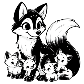 fox-with-cubs-black white clipart