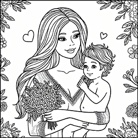 Mothers day coloring mother with child flowers