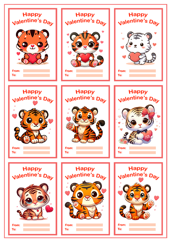 tiger kids' Valentine cards for classmates and friends