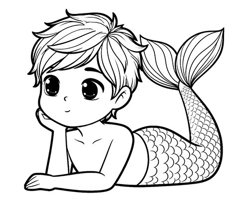 coloring page of young merman for kids