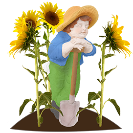 garden child statue with sunflowers