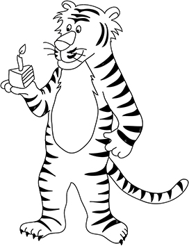funny tiger coloring page with birthday cake
