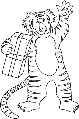 coloring page of a tiger with a present