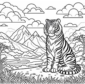 tiger coloring page in landscape with mountains